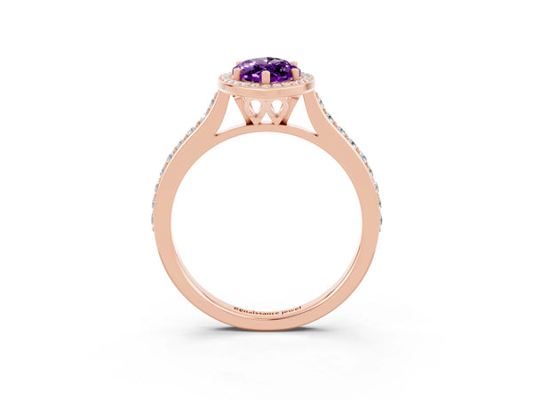 Rose gold Marquise Cut Amethyst Halo Engagement Ring with Round Pavé Shoulders and Prong Setting