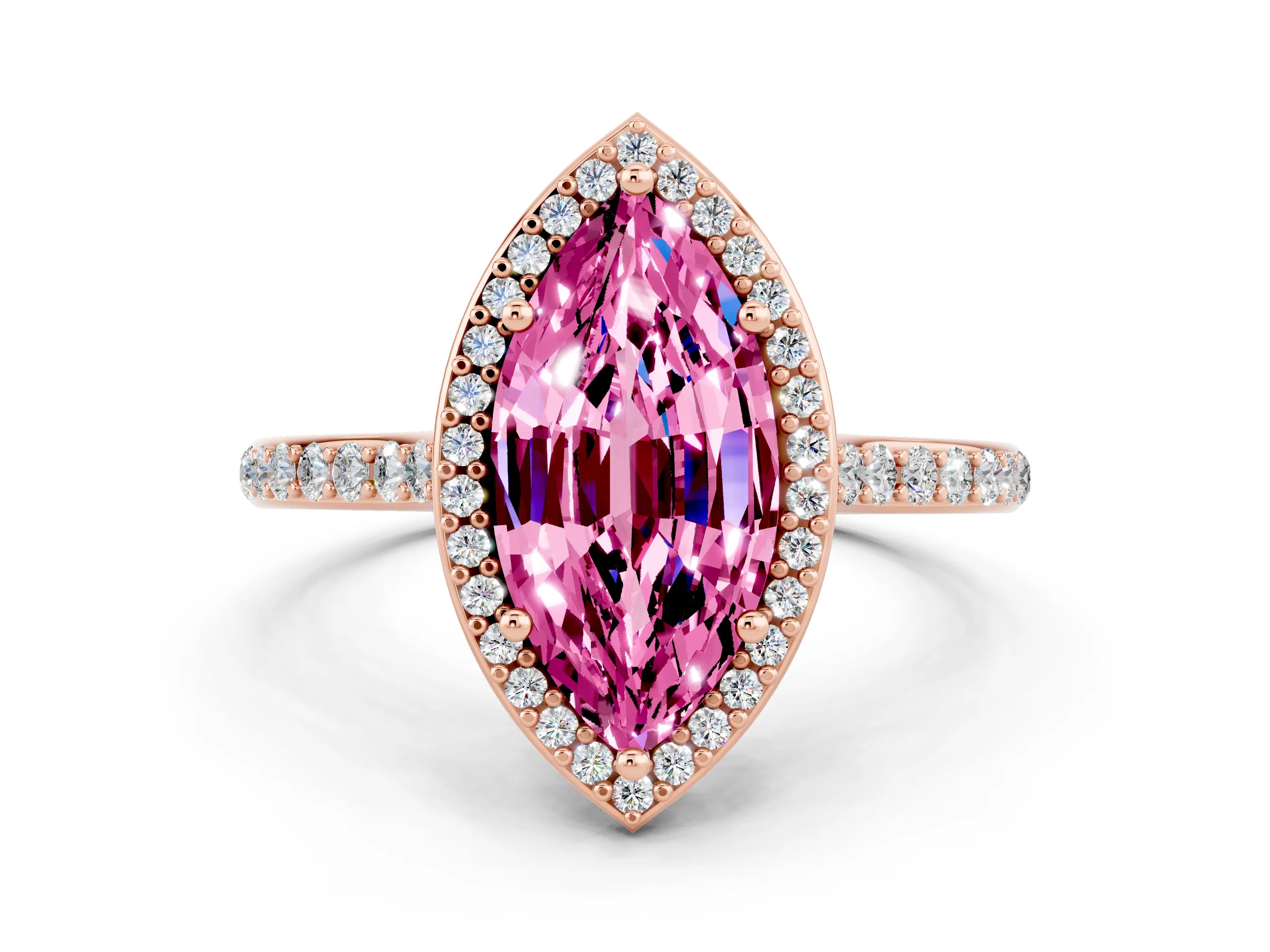Rose gold Marquise Cut Halo Round Diamond Pavé Band with Four-Prong Setting