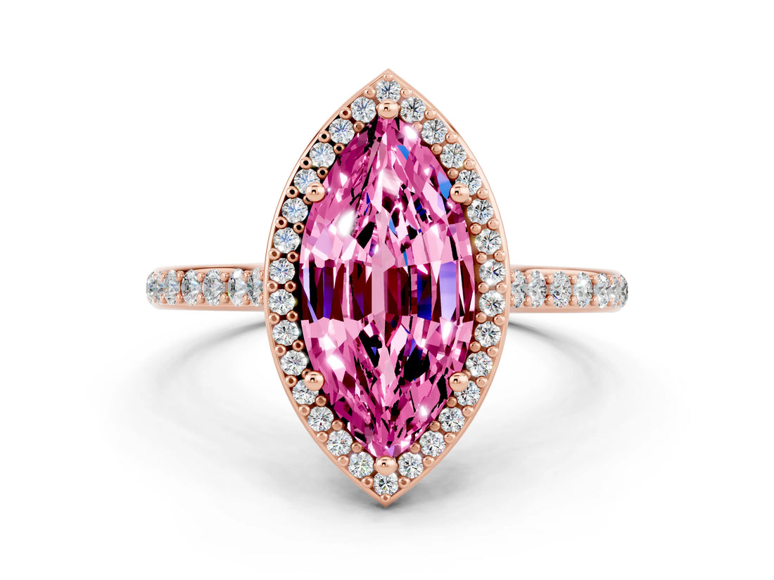 Rose gold Marquise Cut Halo Round Diamond Pavé Band with Four-Prong Setting
