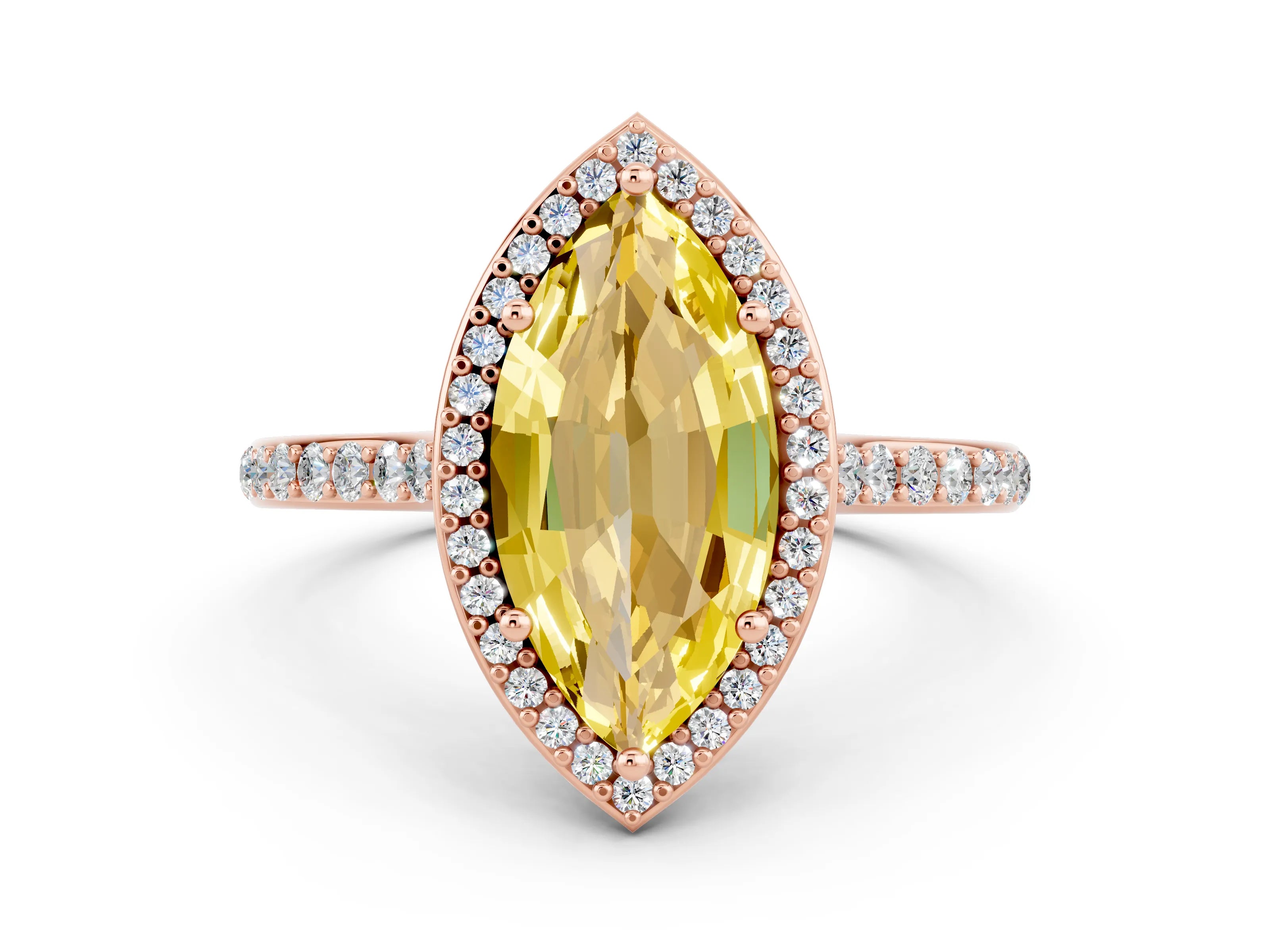 Rose gold Marquise Cut Halo Round Diamond Pavé Band with Four-Prong Setting