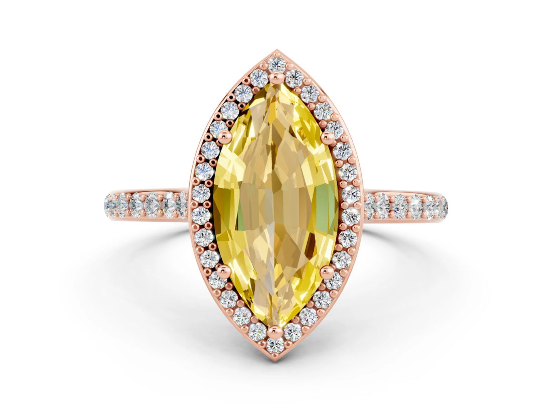 Rose gold Marquise Cut Halo Round Diamond Pavé Band with Four-Prong Setting