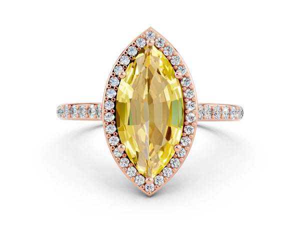 Rose gold Marquise Cut Yellow Sapphire Halo Engagement Ring with Round Pavé Shoulders and Prong Setting