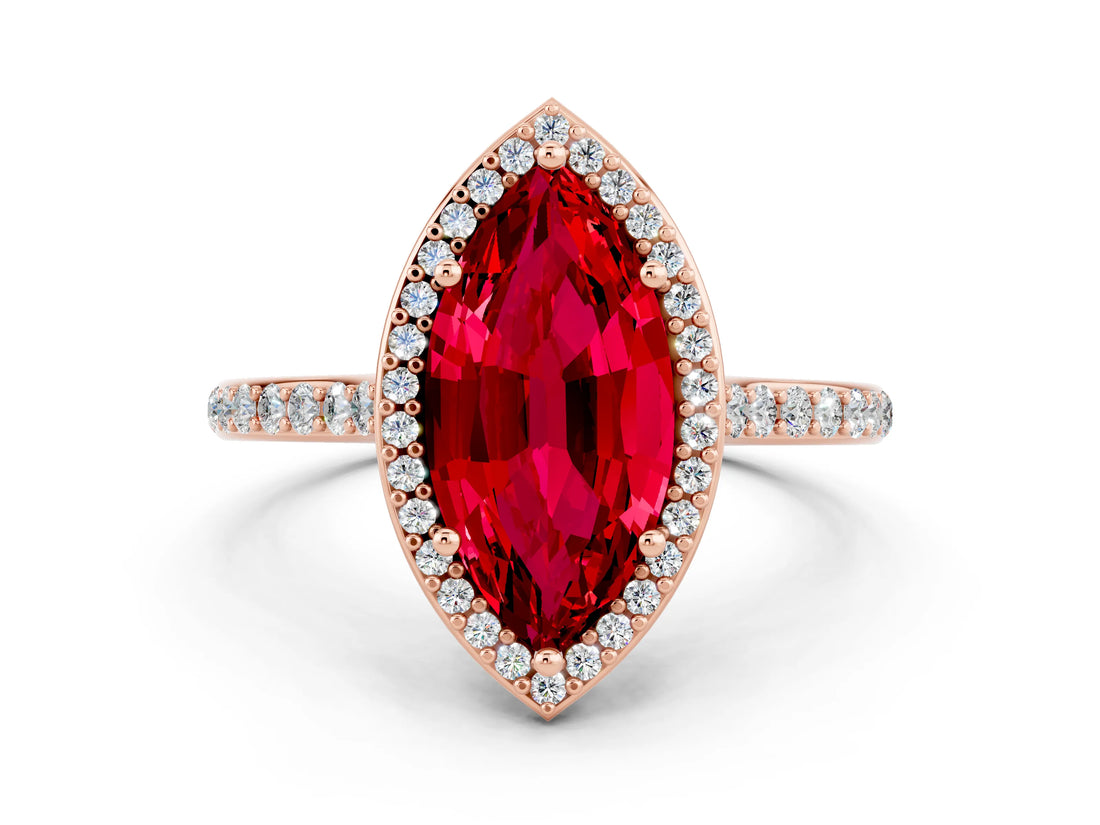 Rose gold Marquise Cut Halo Round Diamond Pavé Band with Four-Prong Setting
