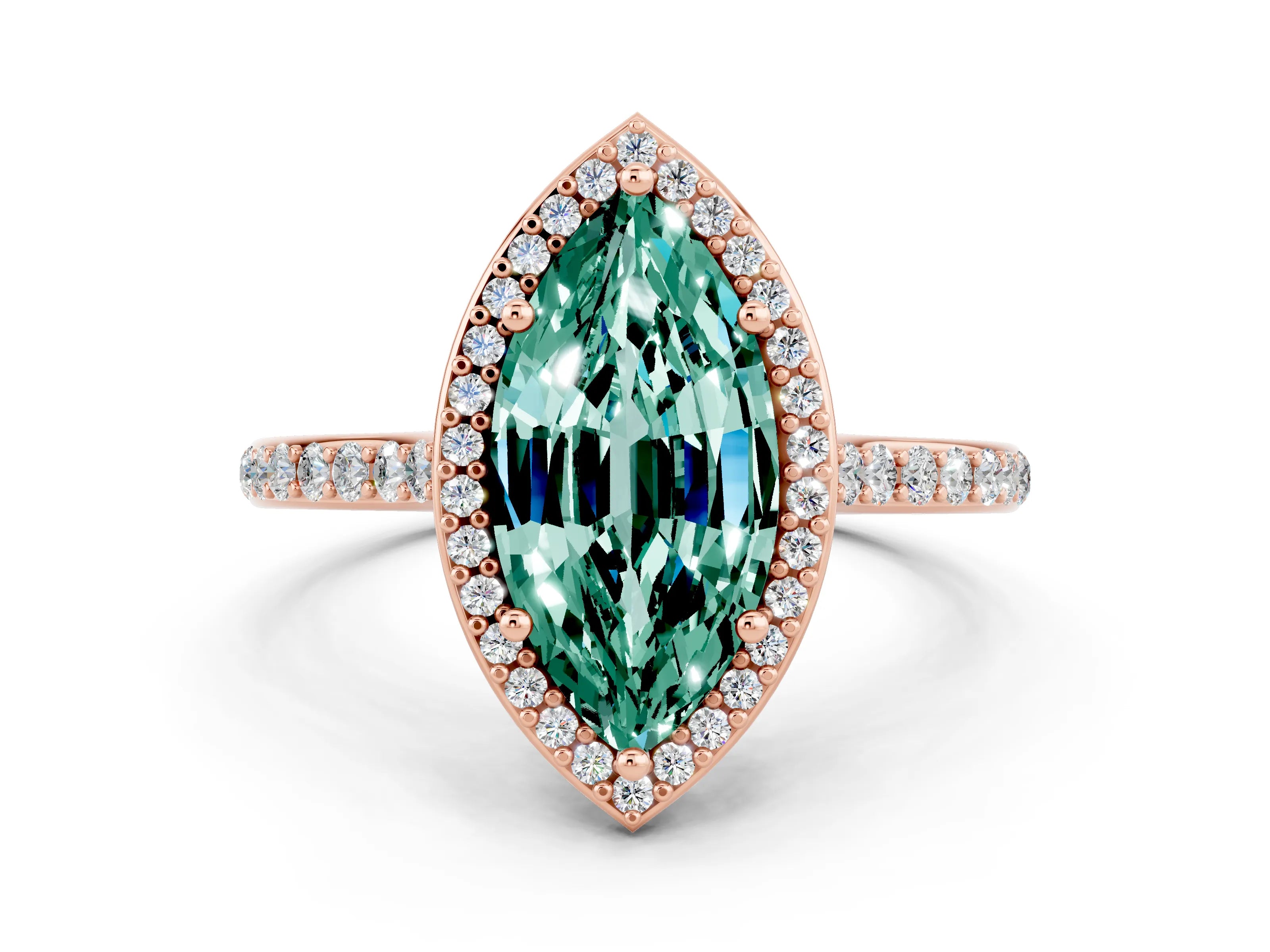 Rose gold Marquise Cut Halo Round Diamond Pavé Band with Four-Prong Setting