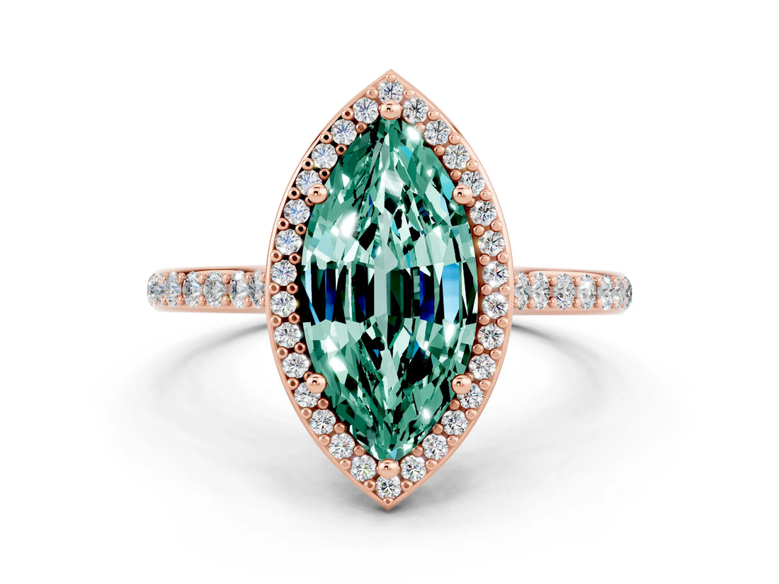 Rose gold Marquise Cut Halo Round Diamond Pavé Band with Four-Prong Setting