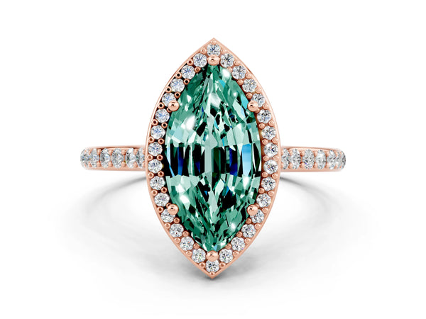 Rose gold Marquise Cut Green Sapphire Halo Engagement Ring with Round Pavé Shoulders and Prong Setting