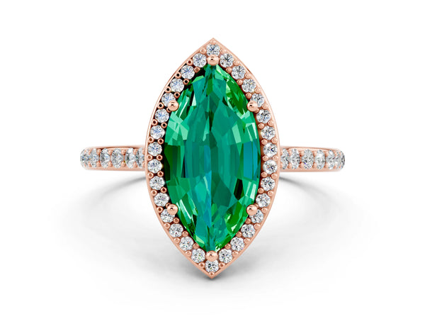 Rose gold Marquise Cut Emerald Halo Engagement Ring with Round Pavé Shoulders and Prong Setting