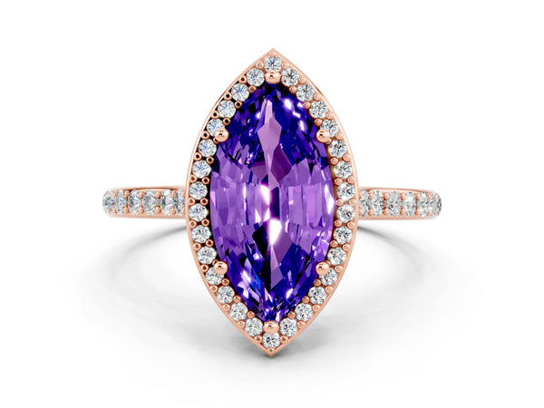Rose gold Marquise Cut Tanzanite Halo Engagement Ring with Round Pavé Shoulders and Prong Setting