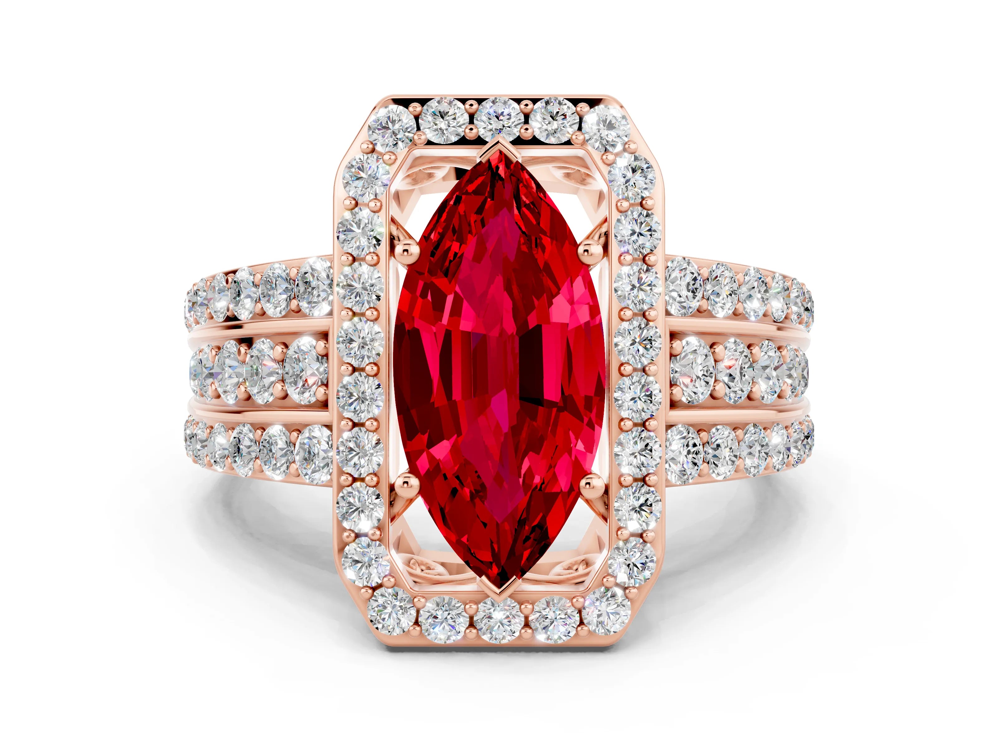Rose gold Marquise Cut Halo Ruby Ring with Split Shank and Four-Prong Setting