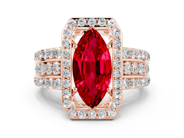 Rose gold Marquise Cut Halo Ruby Ring with Round  Split Shank and Prong Setting