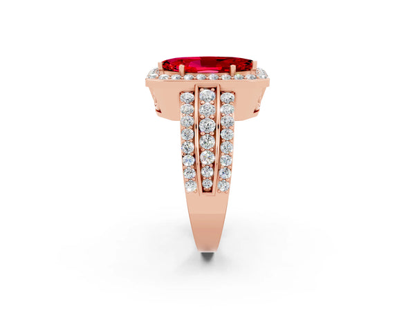 Rose gold Marquise Cut Halo Ruby Ring with Round  Split Shank and Prong Setting
