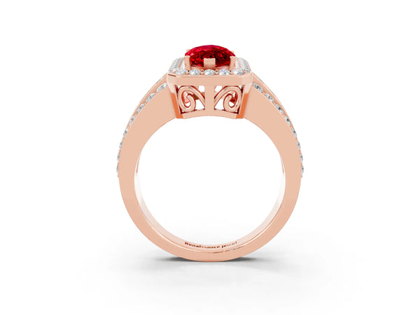 Rose gold Marquise Cut Halo Ruby Ring with Round  Split Shank and Prong Setting