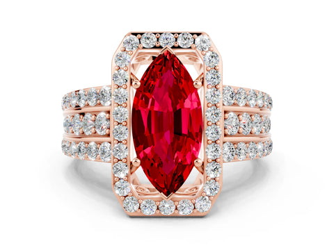 Rose gold Marquise Cut Halo Ruby Ring with Split Shank and Four-Prong Setting