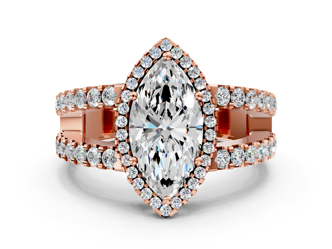 Rose gold Marquise Cut Halo Split Shank Diamond Ring with Four-Prong Setting_64