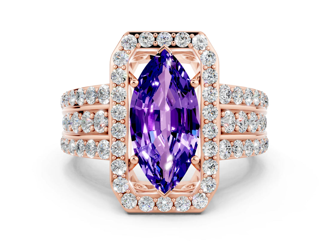 Rose gold Marquise Cut Halo Tanzanite Ring with Split Shank and Four-Prong Setting