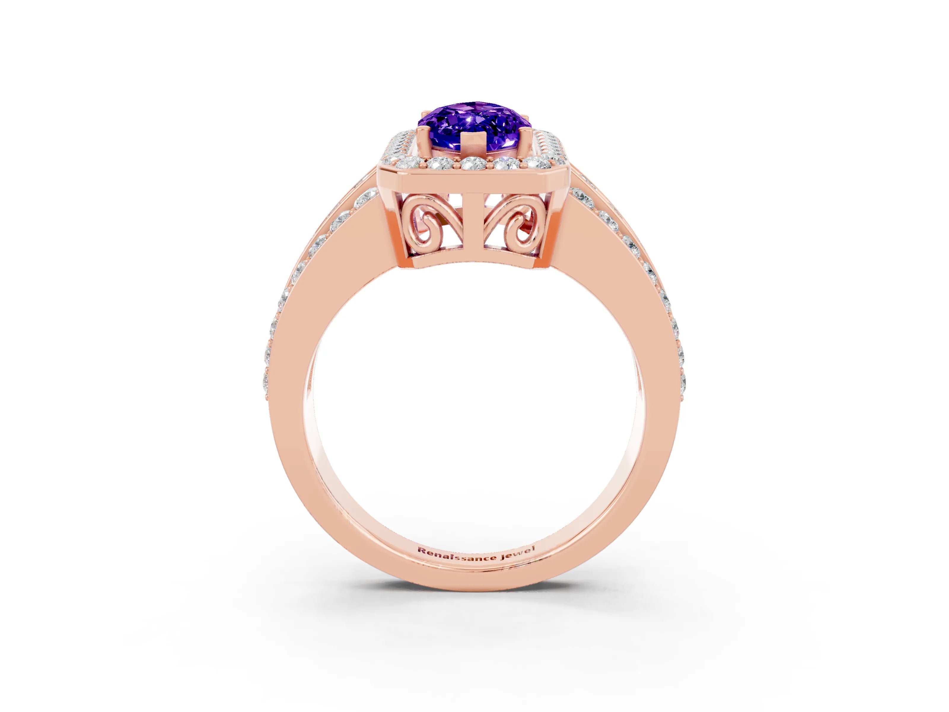 Rose gold Marquise Cut Halo Tanzanite Ring with Split Shank and Four-Prong Setting_3