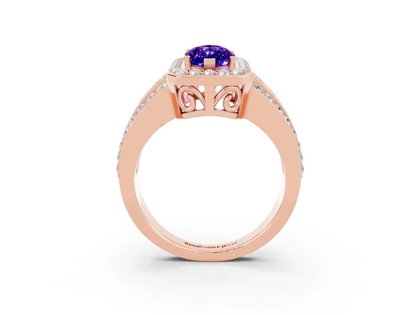 Rose gold Marquise Cut Halo Tanzanite Ring with Round  Split Shank and Prong Setting