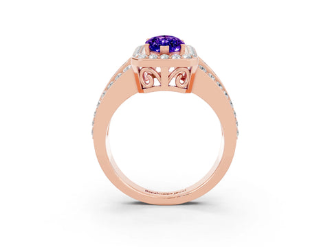 Rose gold Marquise Cut Halo Tanzanite Ring with Split Shank and Four-Prong Setting_3