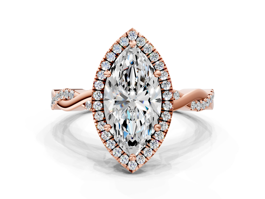 Rose gold Marquise Cut Halo Twisted Band Four-Prong Ring_33
