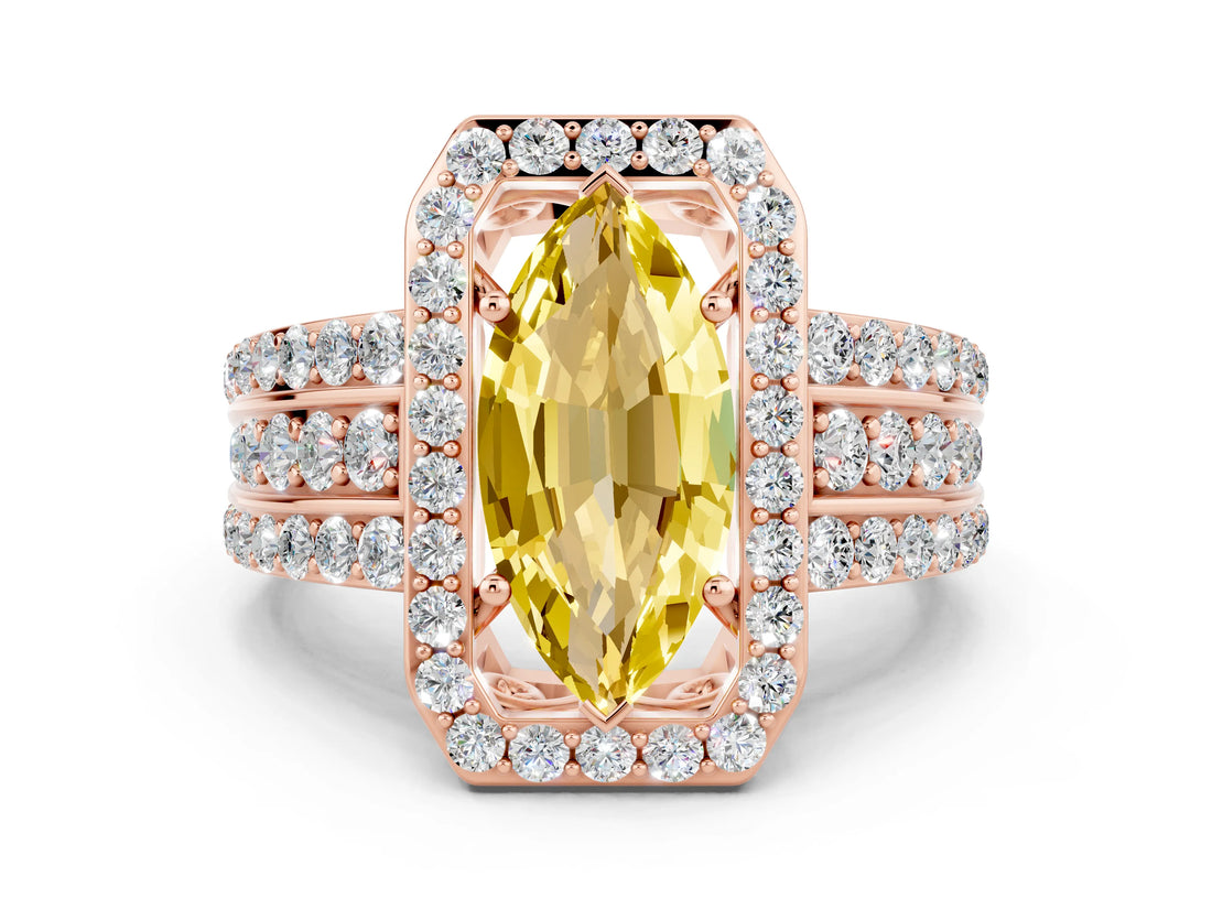 Rose gold Marquise Cut Halo Yellow Sapphire Ring with Split Shank and Four-Prong Setting_24