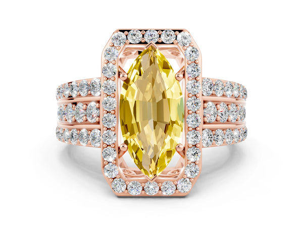 Rose gold Marquise Cut Halo Yellow Sapphire Ring with Round  Split Shank and Prong Setting