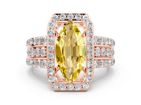Rose gold Marquise Cut Halo Yellow Sapphire Ring with Split Shank and Four-Prong Setting_24