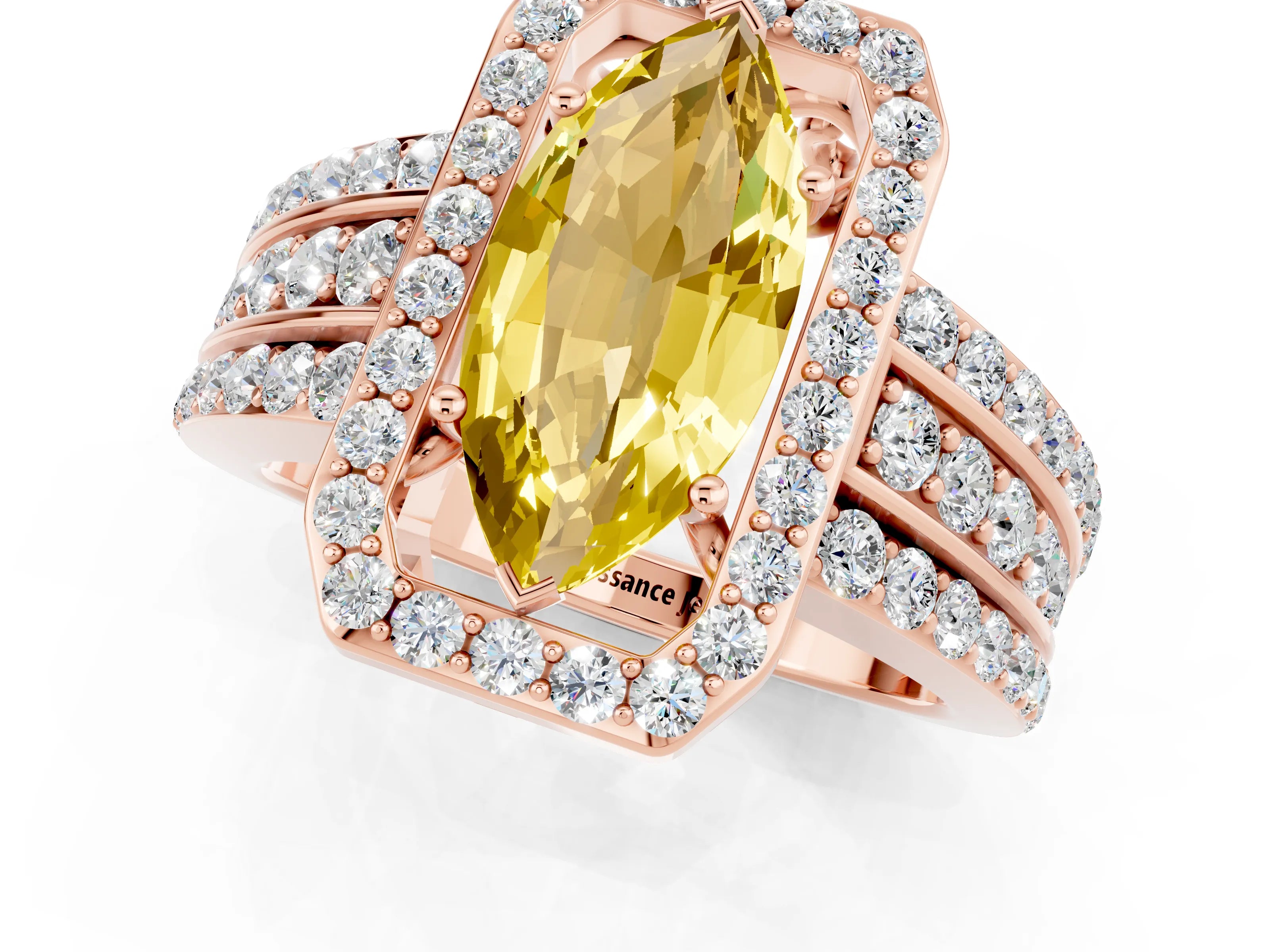 Rose gold Marquise Cut Halo Yellow Sapphire Ring with Split Shank and Four-Prong Setting_25