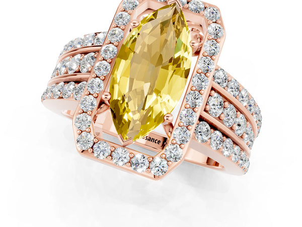 Rose gold Marquise Cut Halo Yellow Sapphire Ring with Round  Split Shank and Prong Setting