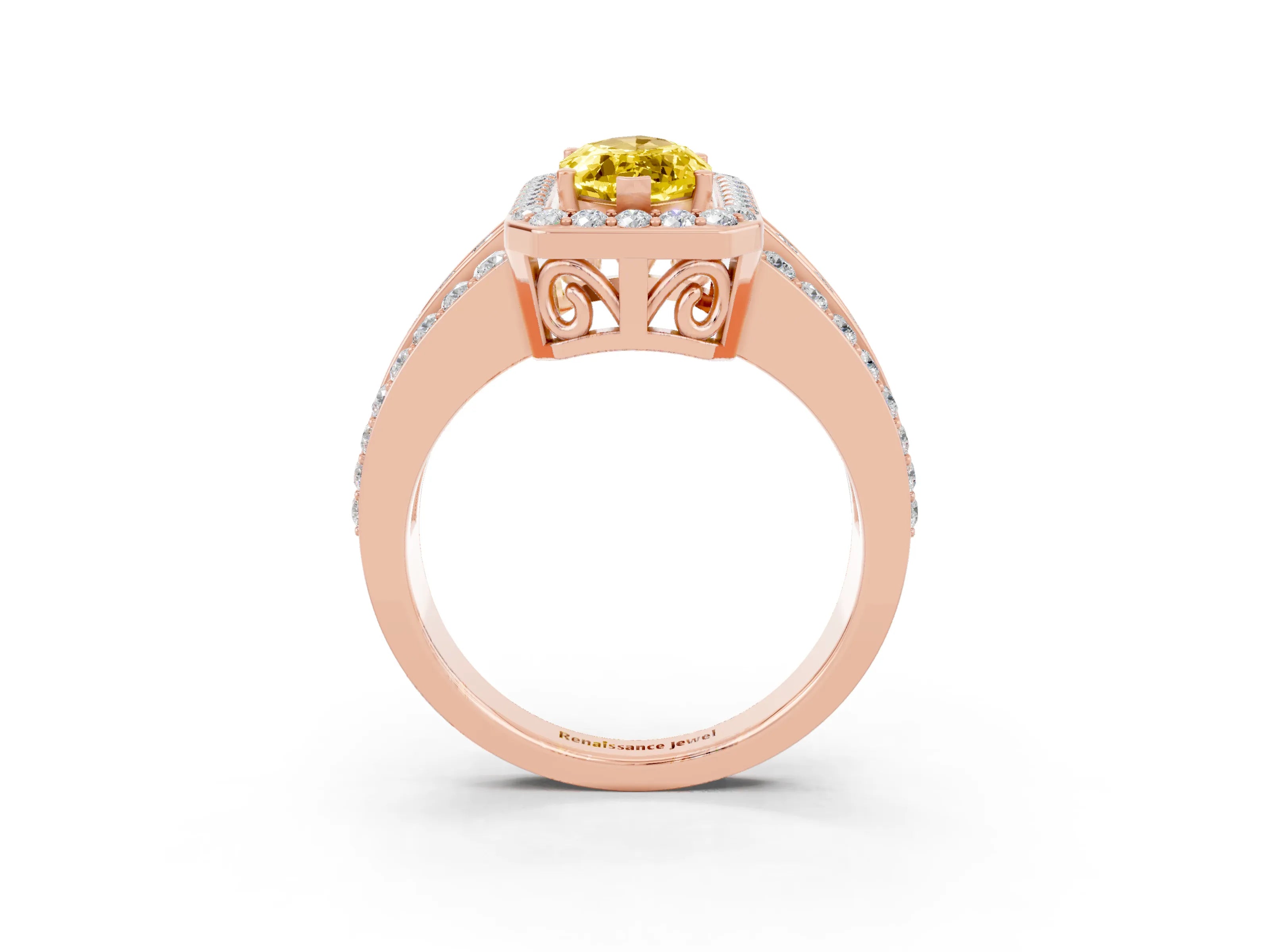 Rose gold Marquise Cut Halo Yellow Sapphire Ring with Split Shank and Four-Prong Setting_27