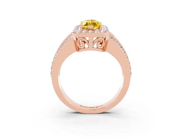 Rose gold Marquise Cut Halo Yellow Sapphire Ring with Round  Split Shank and Prong Setting