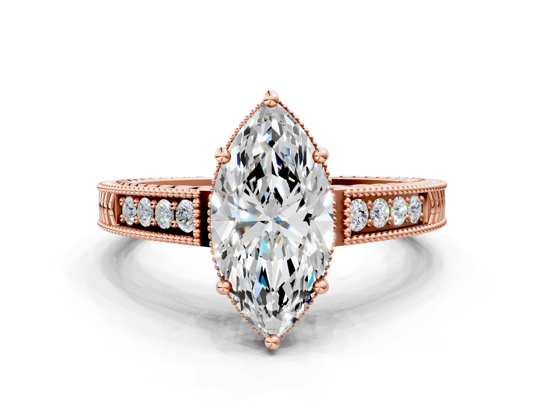 Rose gold Marquise Cut Milgrain Channel Set Engagement Ring with Solitaire Prong Setting_86