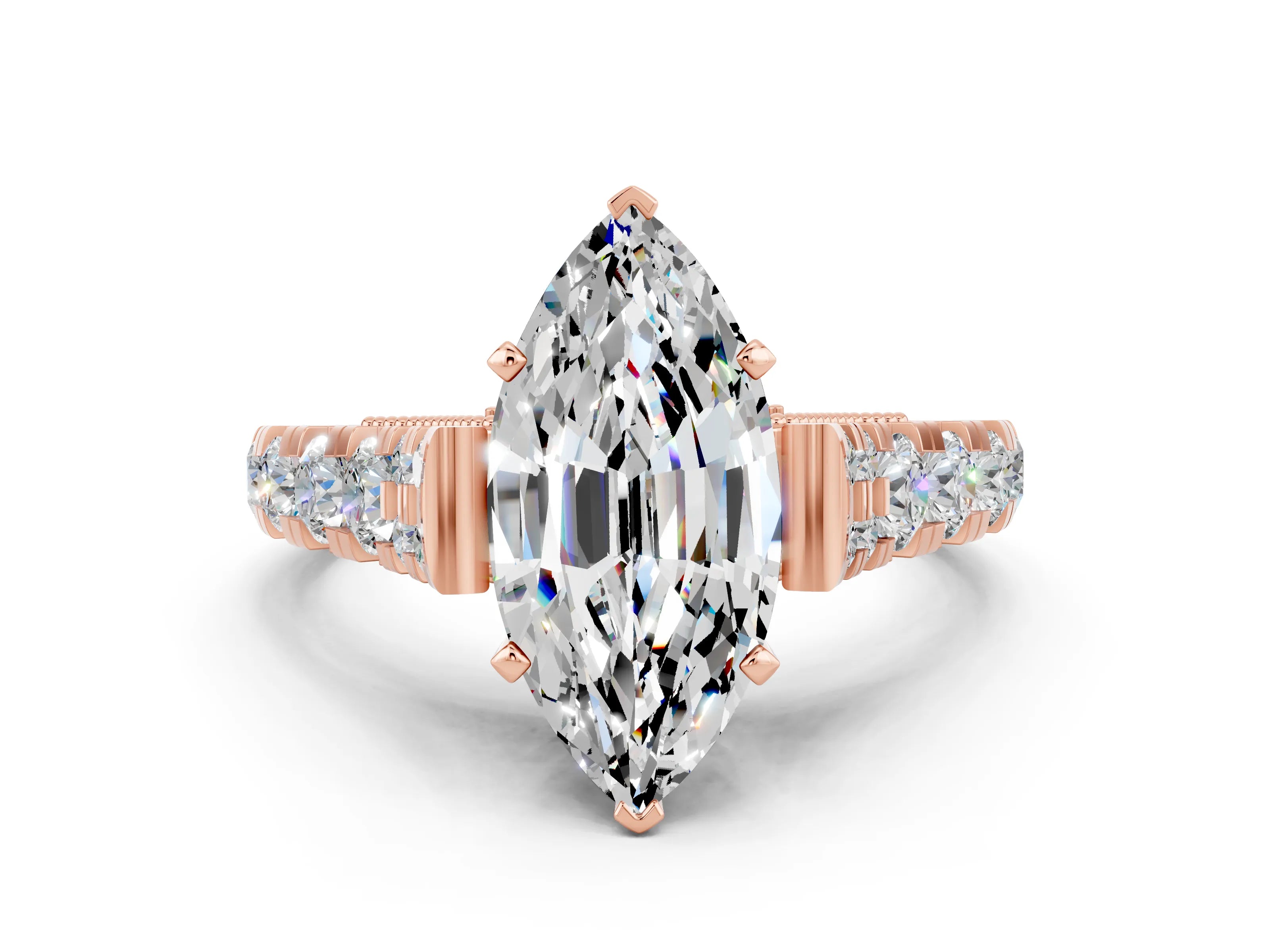 Rose gold Marquise Cut Moissanite Classic Solitaire Ring with Pavé Band and Four-Prong Setting