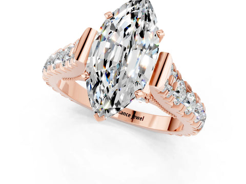 Rose gold Marquise Cut Moissanite Classic Solitaire Ring with Pavé Band and Four-Prong Setting_1