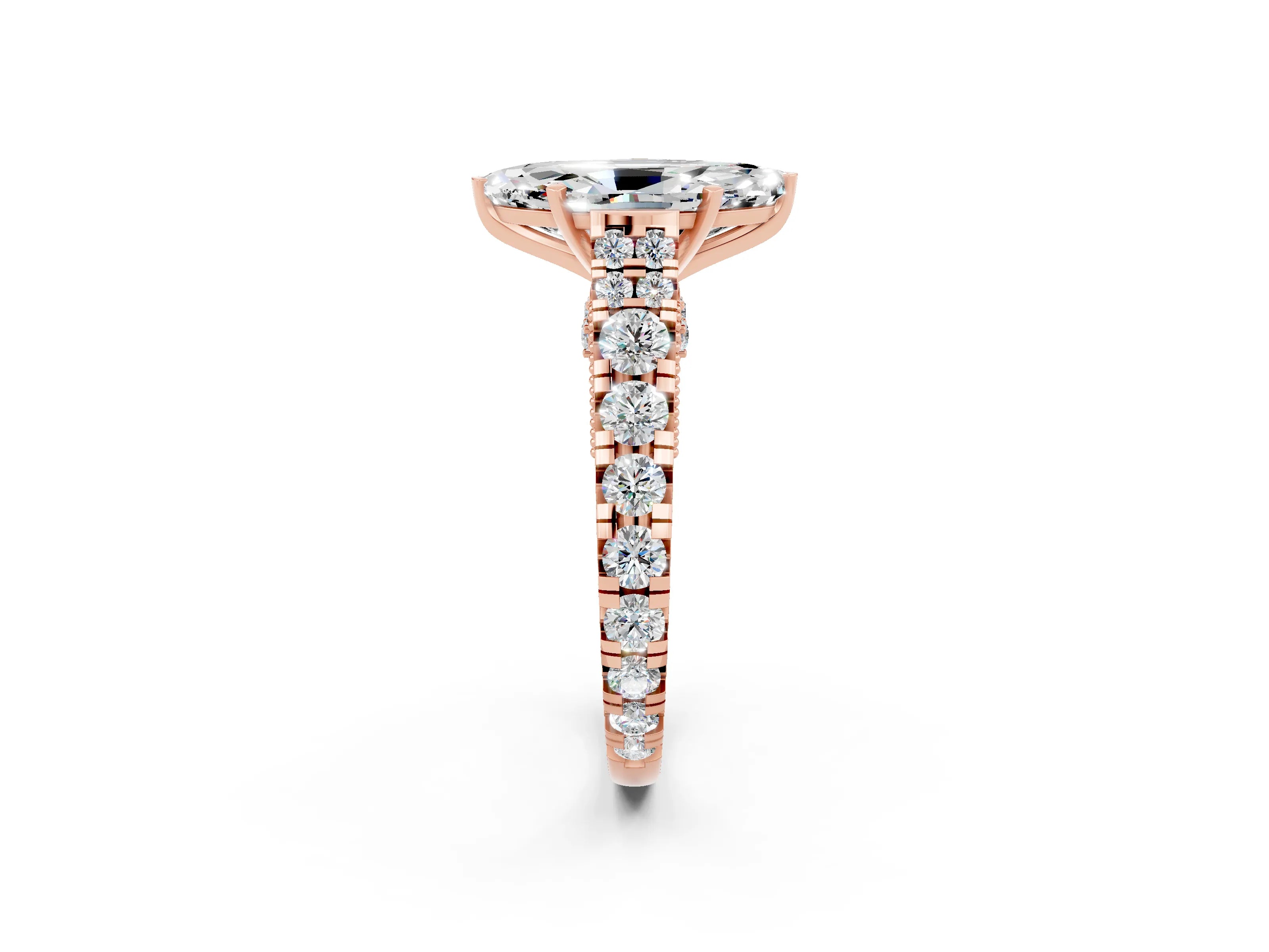 Rose gold Marquise Cut Moissanite Classic Solitaire Ring with Pavé Band and Four-Prong Setting_2
