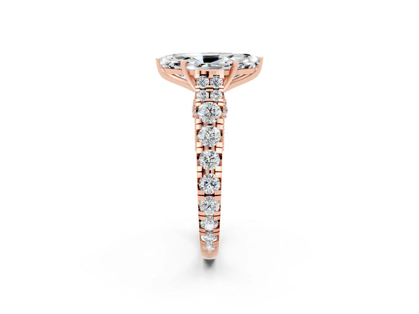 Rose gold Marquise Cut Moissanite Classic Solitaire Ring with Pavé Band and Four-Prong Setting
