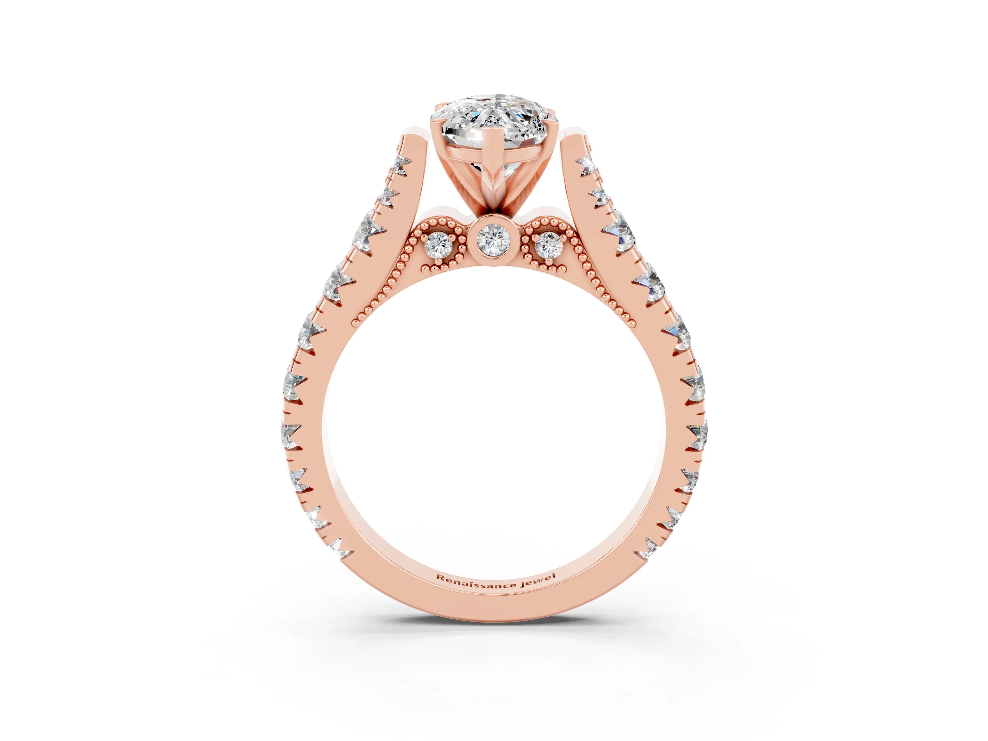 Rose gold Marquise Cut Moissanite Classic Solitaire Ring with Pavé Band and Four-Prong Setting_3