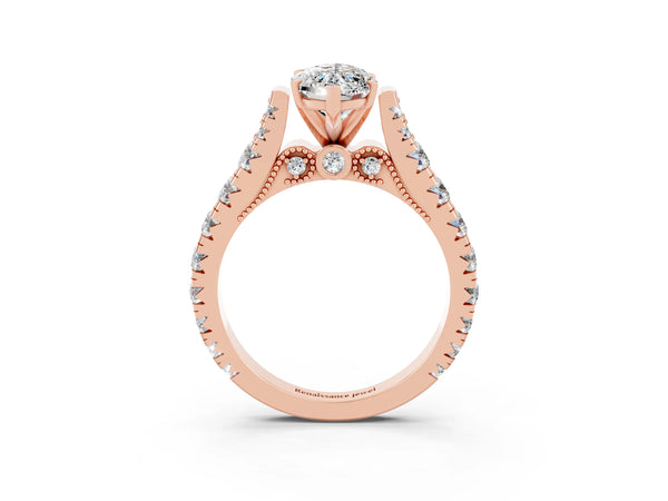 Rose gold Marquise Cut Moissanite Classic Solitaire Ring with Pavé Band and Four-Prong Setting
