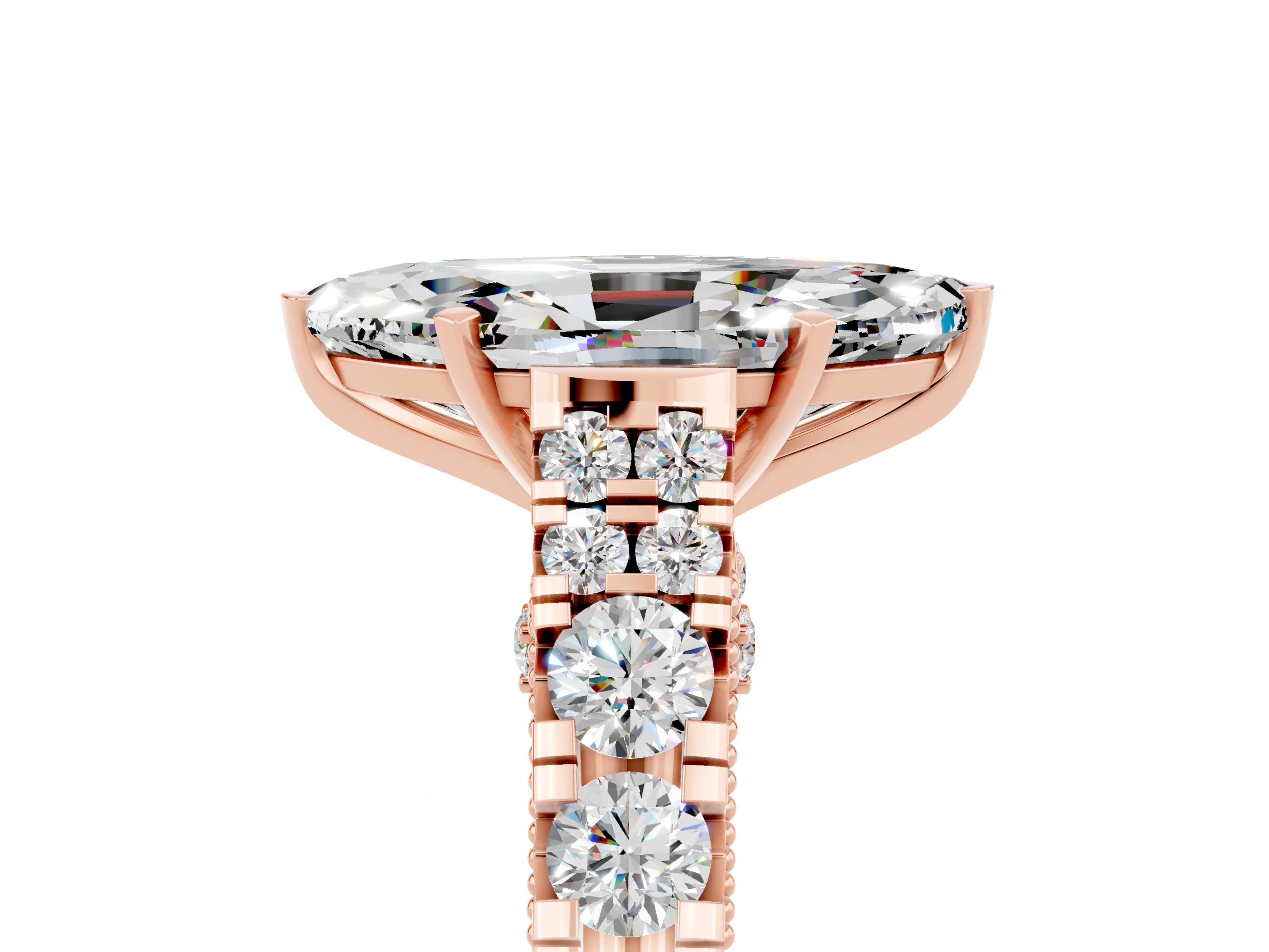 Rose gold Marquise Cut Moissanite Classic Solitaire Ring with Pavé Band and Four-Prong Setting_5