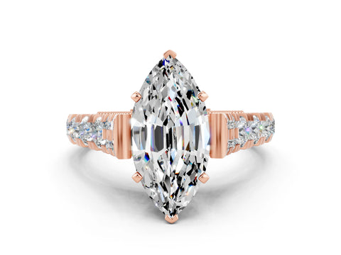Rose gold Marquise Cut Moissanite Classic Solitaire Ring with Pavé Band and Four-Prong Setting