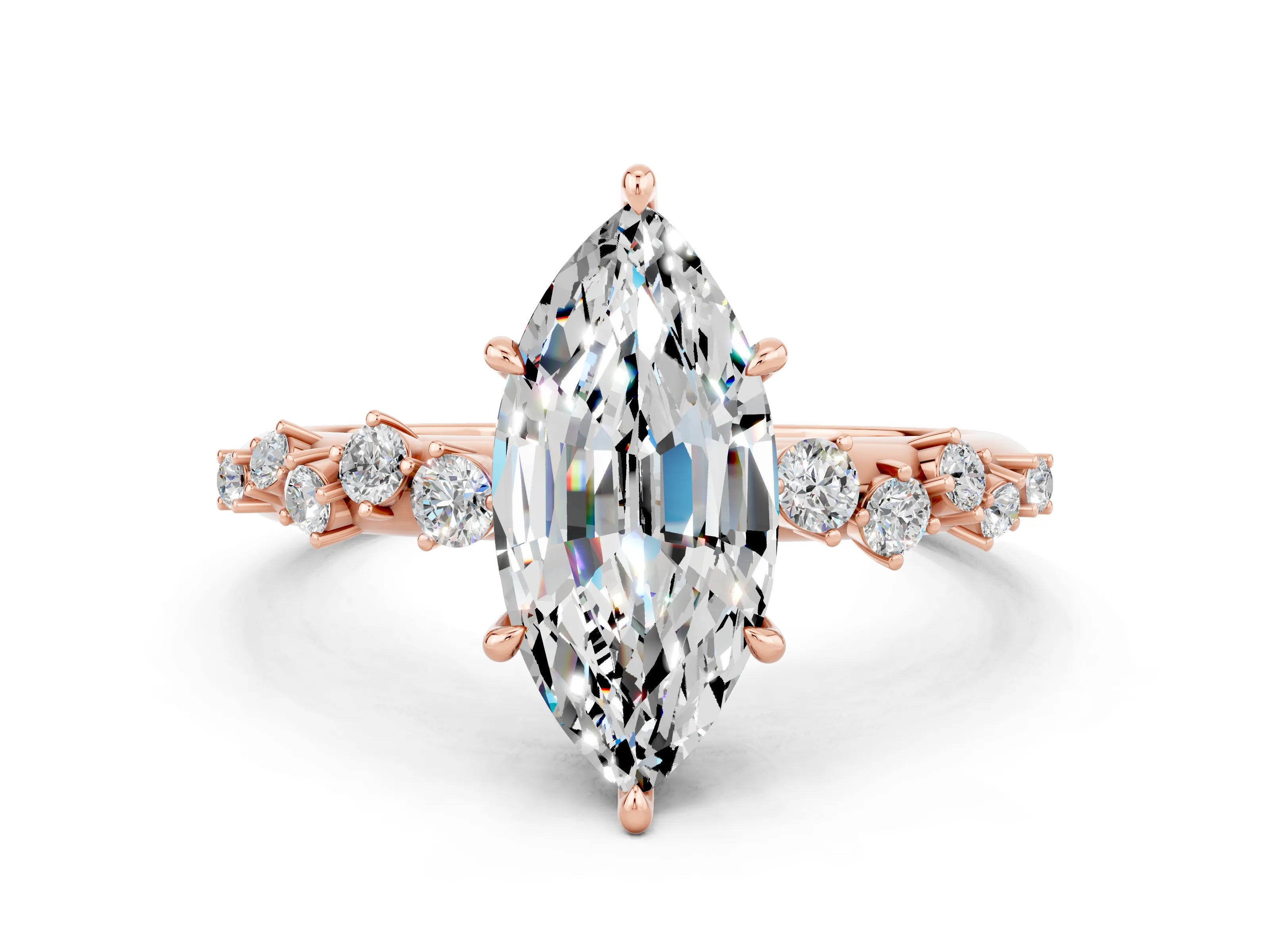 Rose gold Marquise Cut Moissanite Cluster Side Stone Solitaire Ring with Prong Setting_24