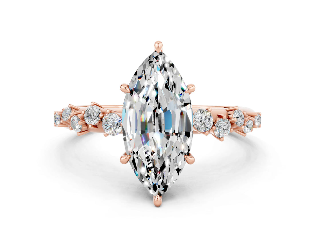 Rose gold Marquise Cut Moissanite Cluster Side Stone Solitaire Ring with Prong Setting_24