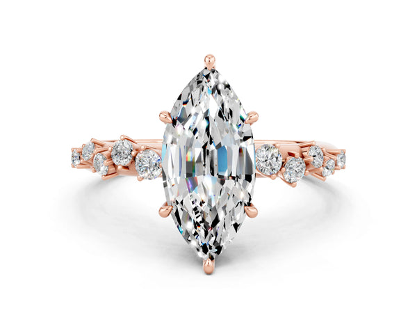Rose gold Marquise Cut Moissanite Cluster Side Stone Solitaire Ring with Prong Setting