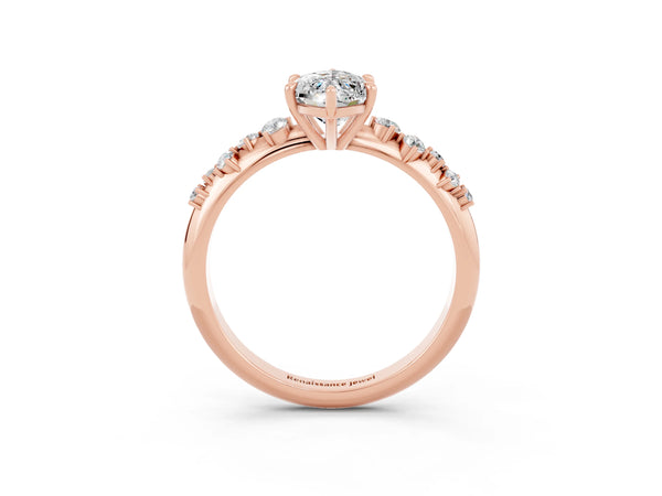 Rose gold Marquise Cut Moissanite Cluster Side Stone Solitaire Ring with Prong Setting