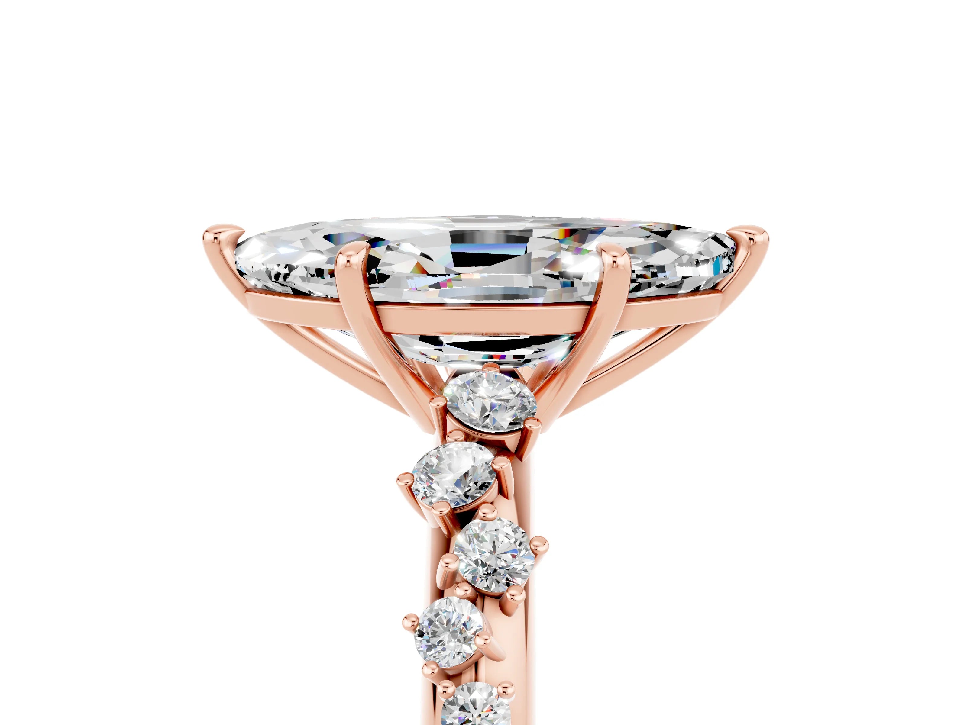 Rose gold Marquise Cut Moissanite Cluster Side Stone Solitaire Ring with Prong Setting_29