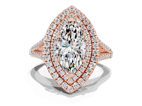 Rose gold Marquise Cut Moissanite Double Halo Ring with Pavé Band and Prong Setting_12