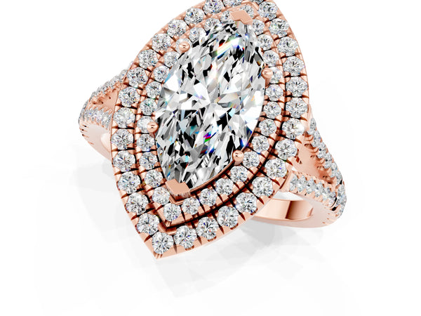 Rose gold Marquise Cut Moissanite Double Halo Ring with Pavé Band and Prong Setting