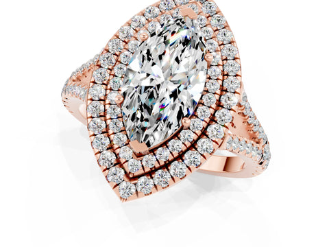 Rose gold Marquise Cut Moissanite Double Halo Ring with Pavé Band and Prong Setting_13