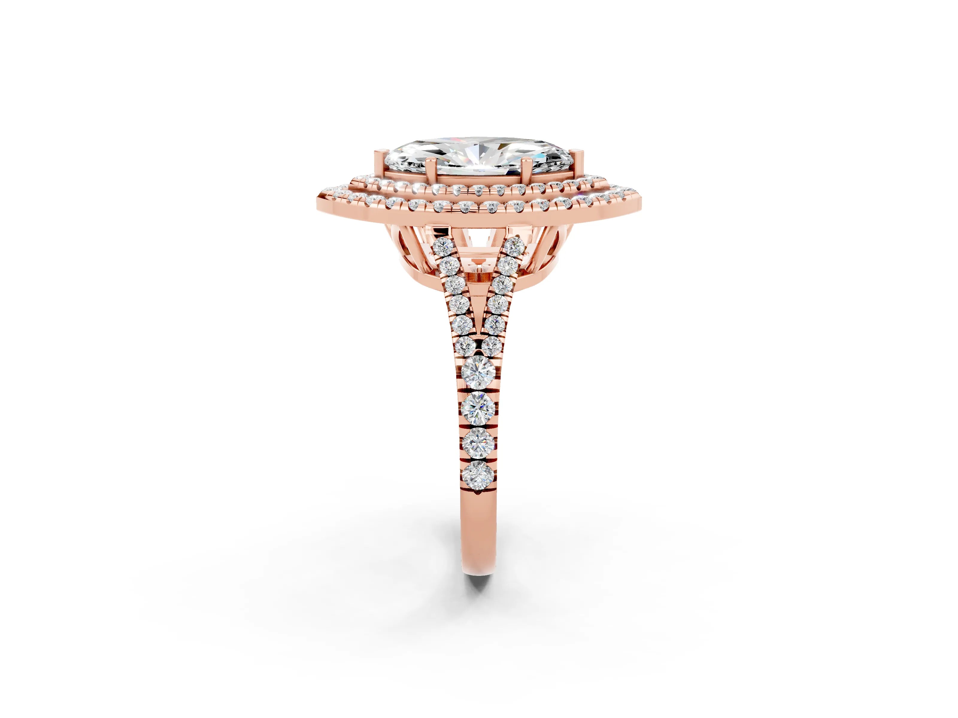 Rose gold Marquise Cut Moissanite Double Halo Ring with Pavé Band and Prong Setting_14