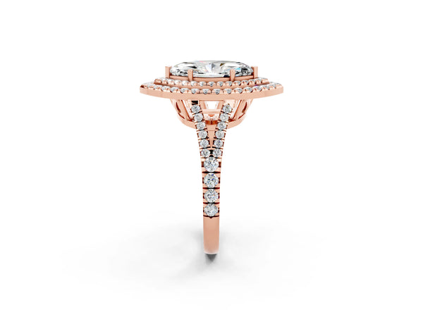 Rose gold Marquise Cut Moissanite Double Halo Ring with Pavé Band and Prong Setting
