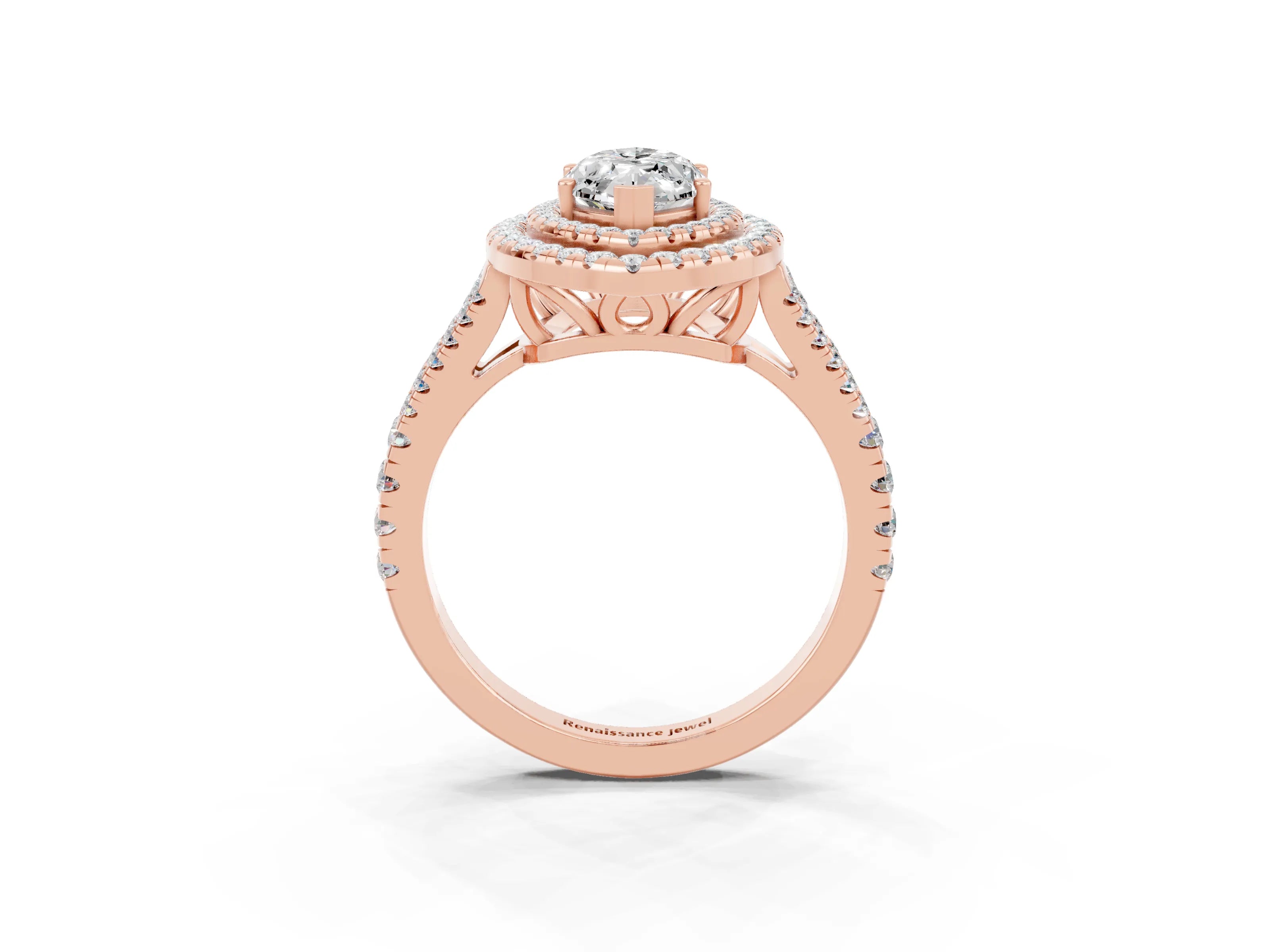 Rose gold Marquise Cut Moissanite Double Halo Ring with Pavé Band and Prong Setting_15